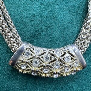 Elegant Silver and Gold tone Chain Necklace with Crystal Slide Accent Vintage